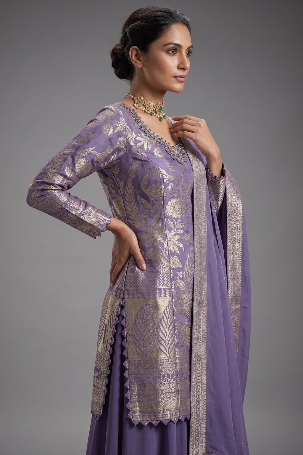 Lilac Chinon Silk Woven Palazzo Suit with Stone Work