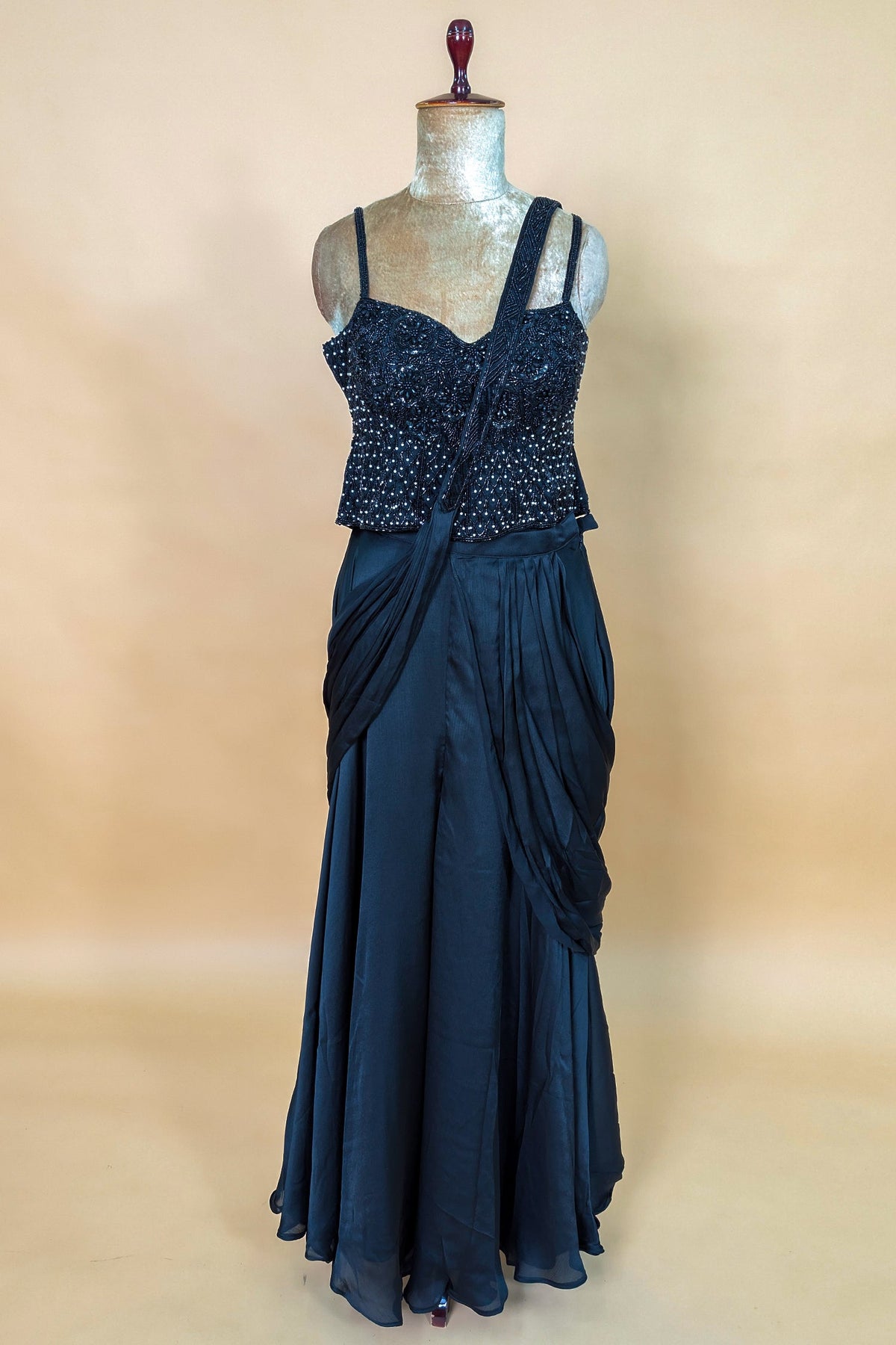 Blue Net Cutdana Worked Crop Top Palazzo Set with Attached Dupatta