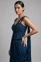 Blue Net Cutdana Worked Crop Top Palazzo Set with Attached Dupatta