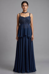 Dark Blue Chiffon Silk Cutdana Beaded Peplum Palazzo Set