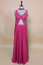 Pink Tissue Silk Cutdana Sequins Crop Top Palazzo Suit