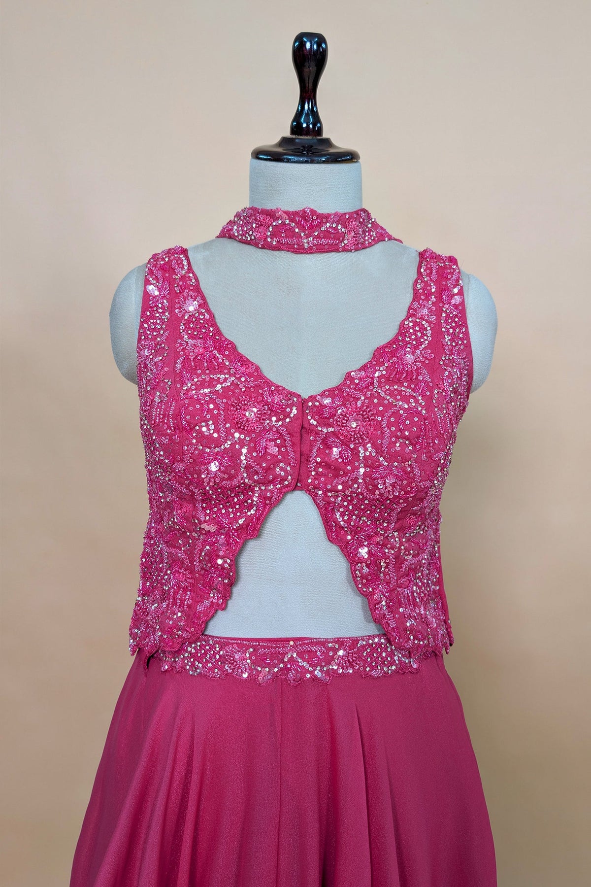 Pink Tissue Silk Cutdana Sequins Crop Top Palazzo Suit