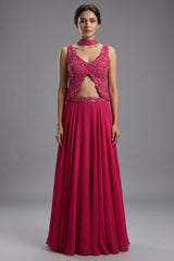 Pink Tissue Silk Cutdana Sequins Crop Top Palazzo Suit
