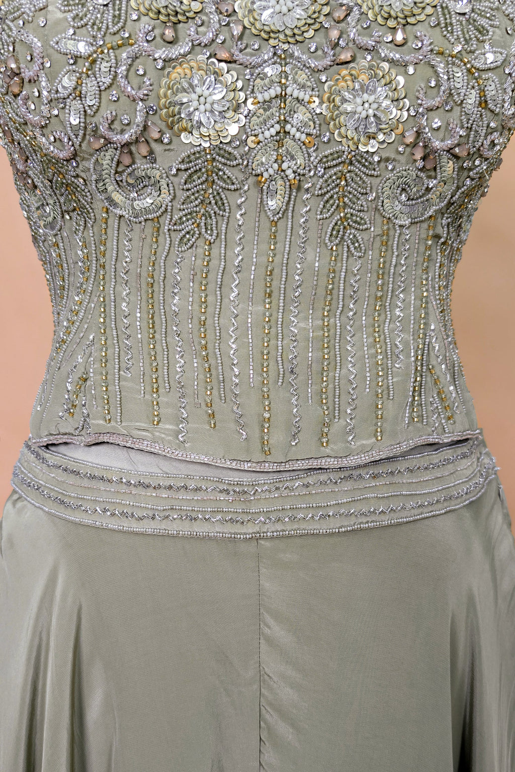 Grey Crepe Silk Cutdana Sequin Worked Crop Top Palazzo Suit
