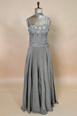 Grey Crepe Silk Cutdana Sequin Worked Crop Top Palazzo Suit