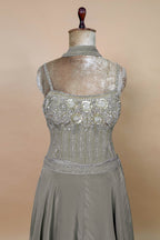 Grey Crepe Silk Cutdana Sequin Worked Crop Top Palazzo Suit