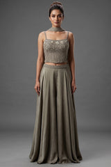 Grey Crepe Silk Cutdana Sequin Worked Crop Top Palazzo Suit