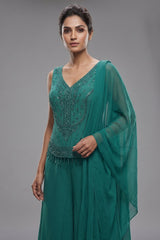 Persian Green Crepe Silk Beaded Crop Top Palazzo Suit
