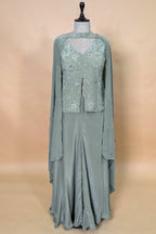 Pista Green Crepe Silk Sequin Beaded Slit Cut Palazzo Suit