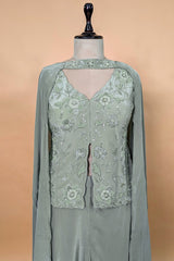 Pista Green Crepe Silk Sequin Beaded Slit Cut Palazzo Suit