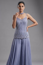 Light Blue Chinon Cutdana Beaded Palazzo Suit