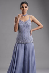 Light Blue Chinon Cutdana Beaded Palazzo Suit