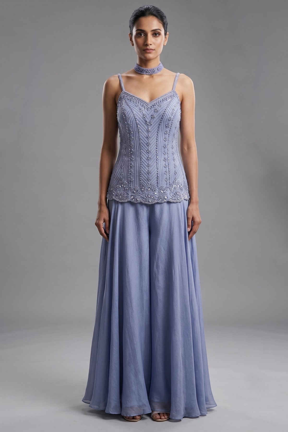 Light Blue Chinon Cutdana Beaded Palazzo Suit