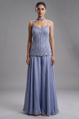 Light Blue Chinon Cutdana Beaded Palazzo Suit