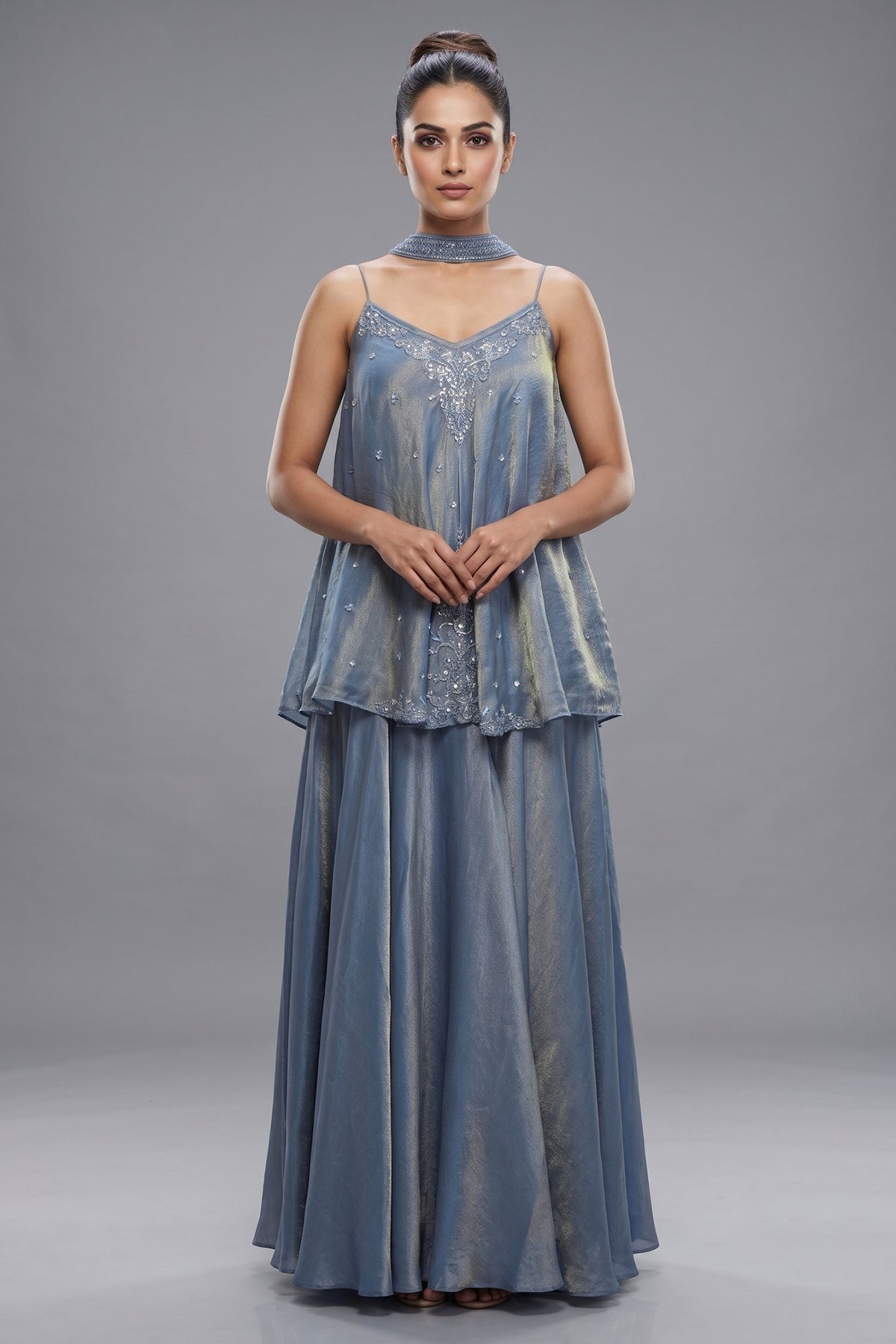 Blue Tissue Silk Cutdana Sequin Worked Palazzo Suit