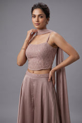 Dusty Pink Chiffon Silk Sequin and Cutdana Worked Crop Top Palazzo Set with Dupatta