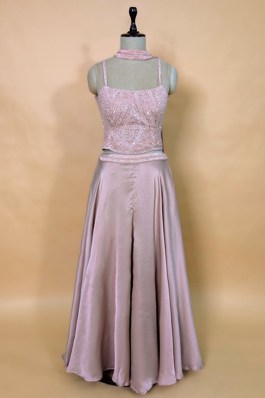 Dusty Pink Chiffon Silk Sequin and Cutdana Worked Crop Top Palazzo Set with Dupatta