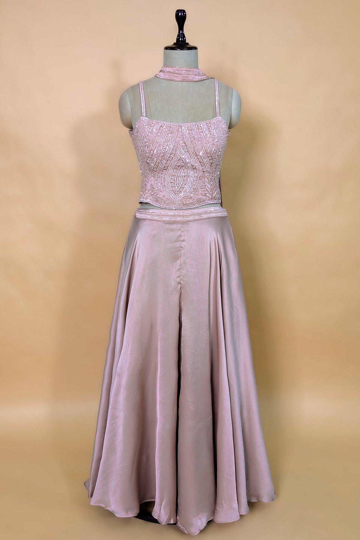 Dusty Pink Chiffon Silk Sequin and Cutdana Worked Crop Top Palazzo Set with Dupatta