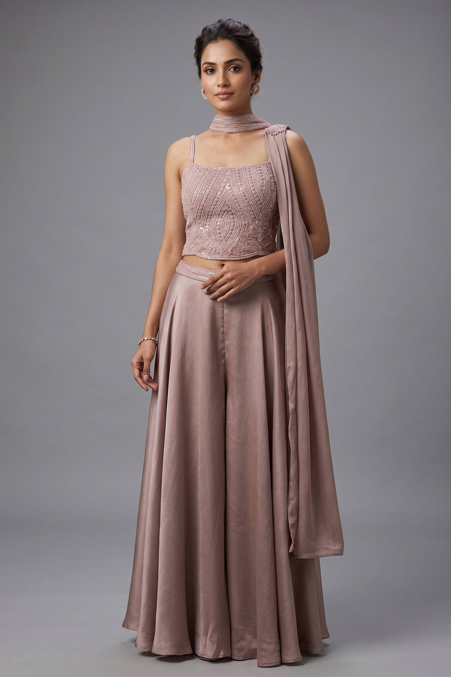 Dusty Pink Chiffon Silk Sequin and Cutdana Worked Crop Top Palazzo Set with Dupatta
