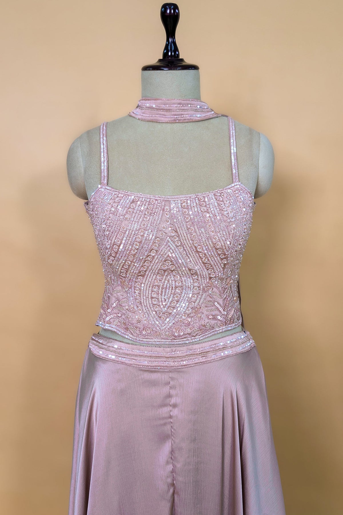 Dusty Pink Chiffon Silk Sequin and Cutdana Worked Crop Top Palazzo Set with Dupatta