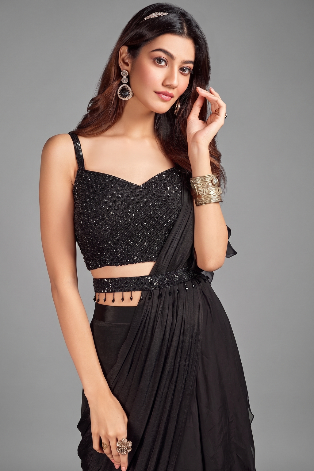 Black Embellished Pre Stitched Ruffled Saree in Chiffon Georgette with Cutdana and Sequins Work Blouse