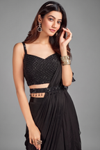 Black Embellished Pre Stitched Ruffled Saree in Chiffon Georgette with Cutdana and Sequins Work Blouse