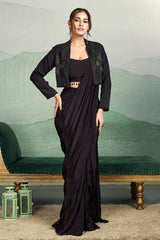 Black Crepe Silk Draped Readymade Saree with Beads and Cutdana Work Jacket