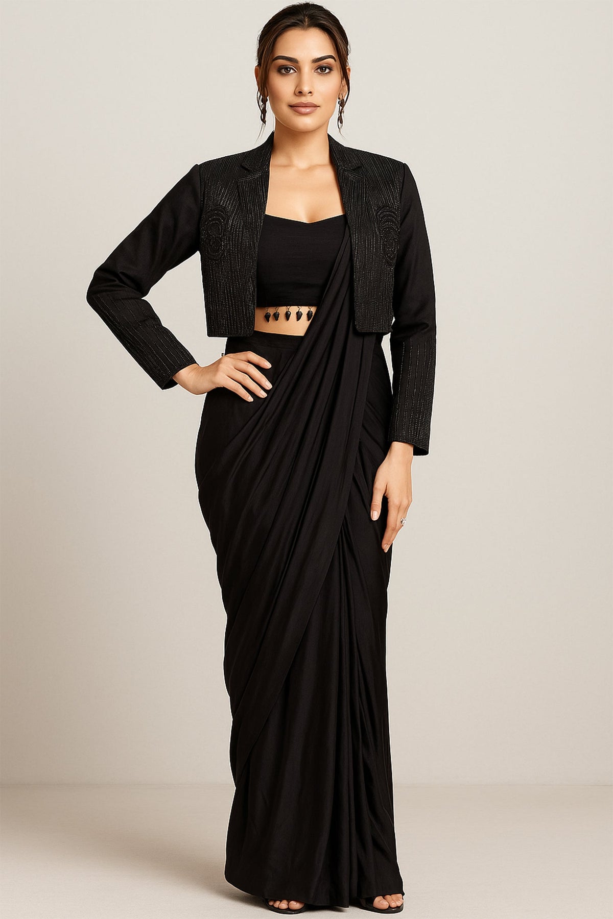 Black Crepe Silk Draped Readymade Saree with Beads and Cutdana Work Jacket