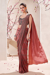 Rust Peach Satin Crepe Silk Cutdana and Sequin Worked Ready to Wear Saree
