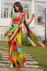 Multi Colored Printed Chinon Crepe Silk Pleated Readymade Saree with Sequin Beaded Halter Neck Blouse
