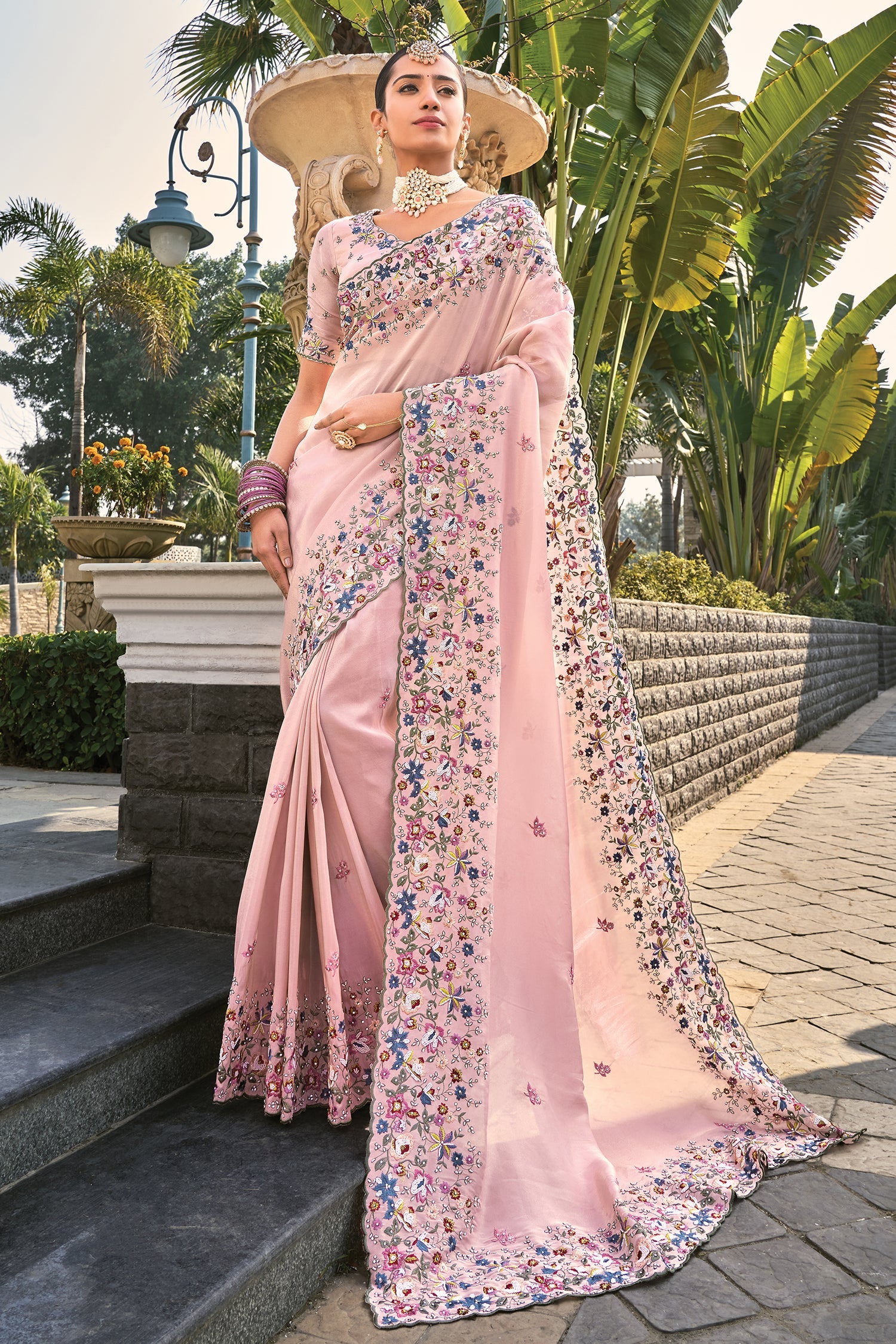 Pink Banarasi Silk Floral Embroidery and Bead Worked Saree
