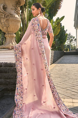 Pink Banarasi Silk Floral Embroidery and Bead Worked Saree