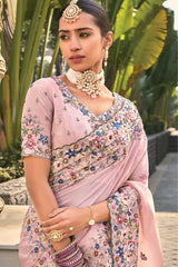 Pink Banarasi Silk Floral Embroidery and Bead Worked Saree