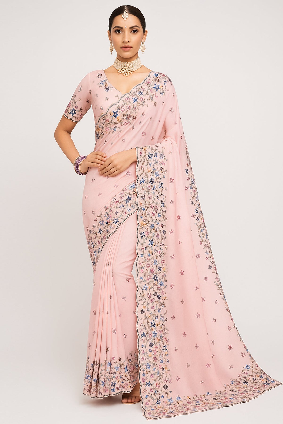 Pink Banarasi Silk Floral Embroidery and Bead Worked Saree