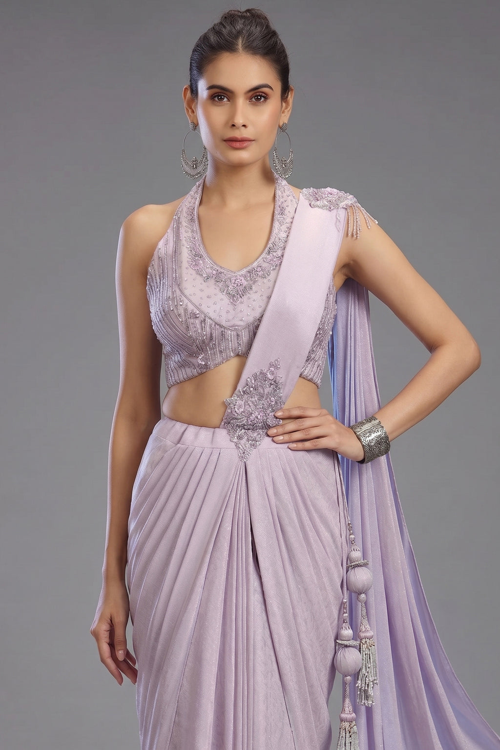 Lavender Imported Ready to Wear Saree with Sequin and Beaded Heltar Neck Blouse