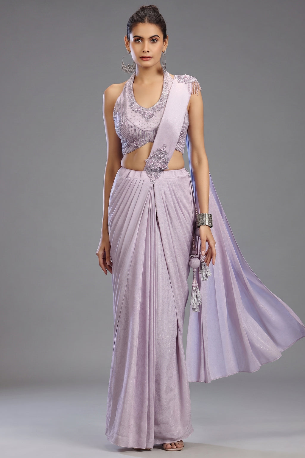 Lavender Imported Ready to Wear Saree with Sequin and Beaded Heltar Neck Blouse
