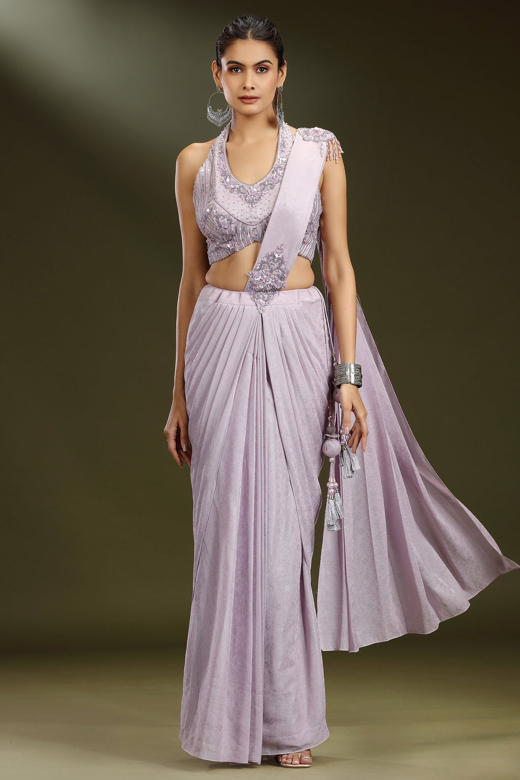 Lavender Imported Ready to Wear Saree with Sequin and Beaded Heltar Neck Blouse