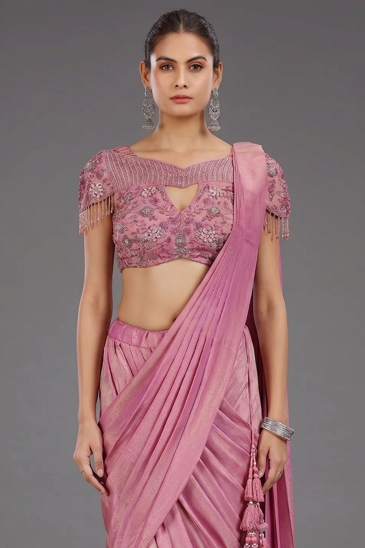Onion Pink Tissue Shimmer Ready to Wear Saree
