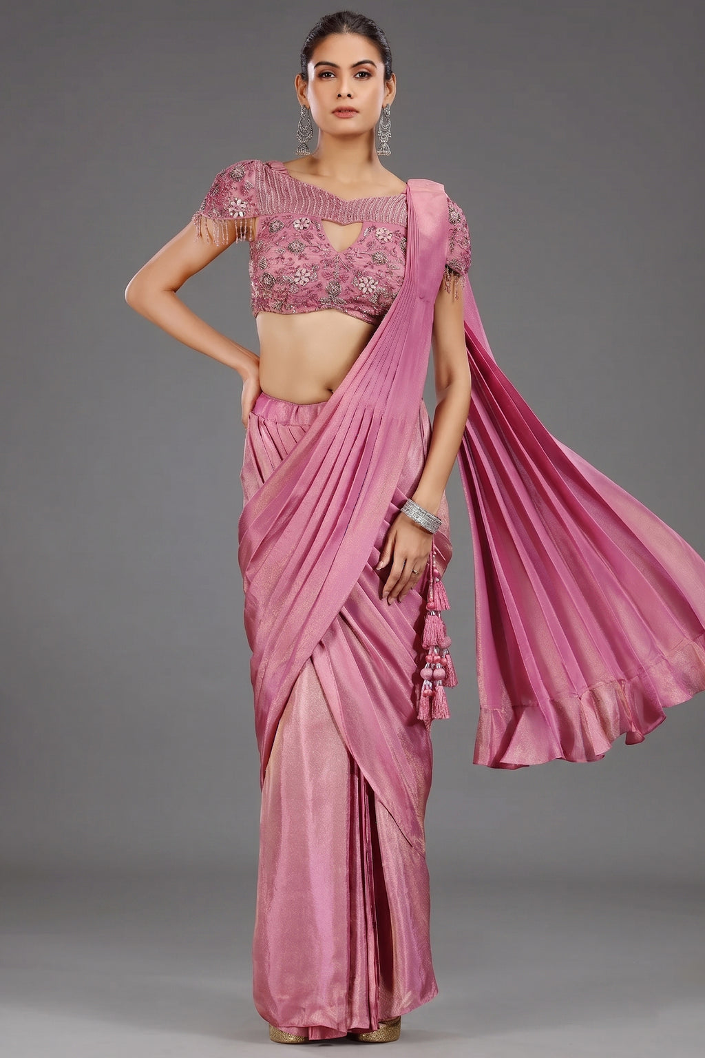 Onion Pink Tissue Shimmer Ready to Wear Saree