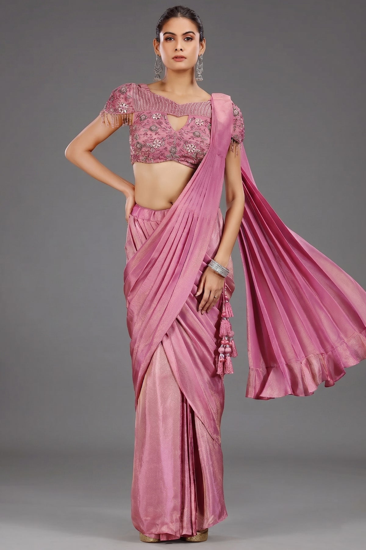 Onion Pink Tissue Shimmer Ready to Wear Saree