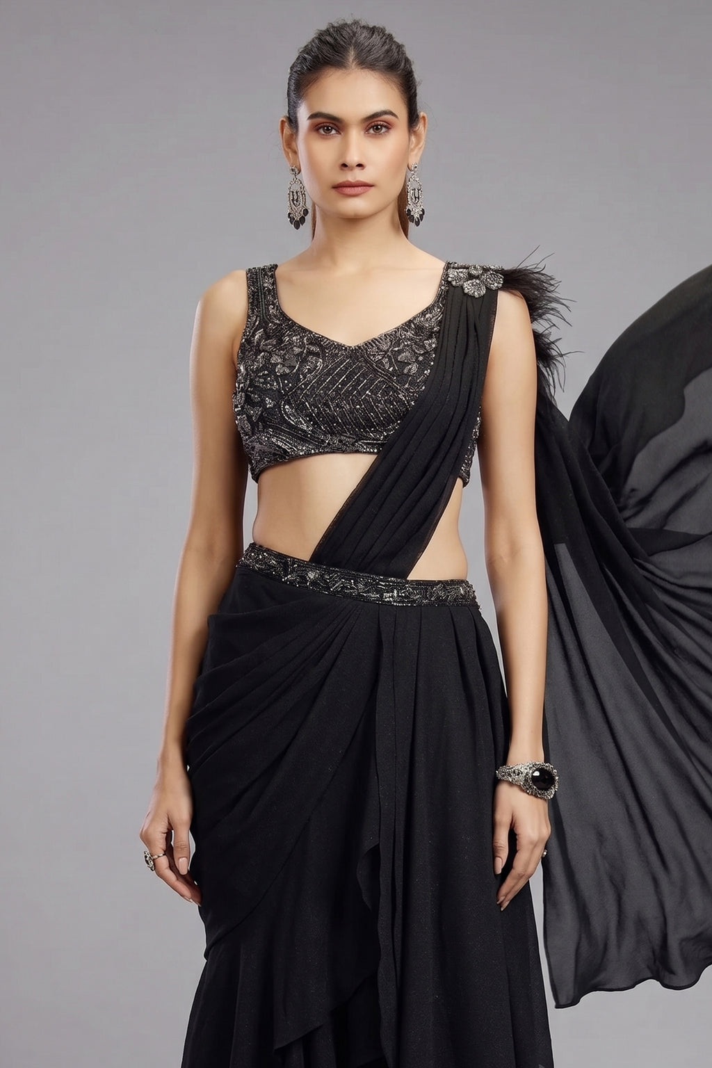 Black Georgette Shimmer Ready to Wear Saree