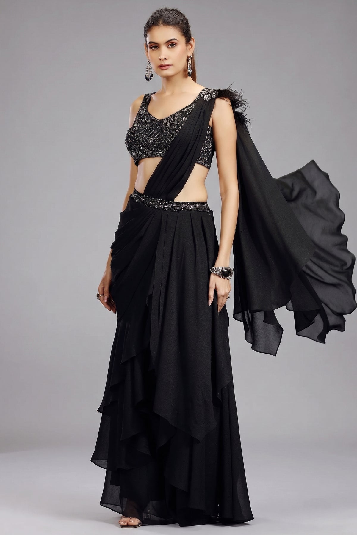 Black Georgette Shimmer Ready to Wear Saree