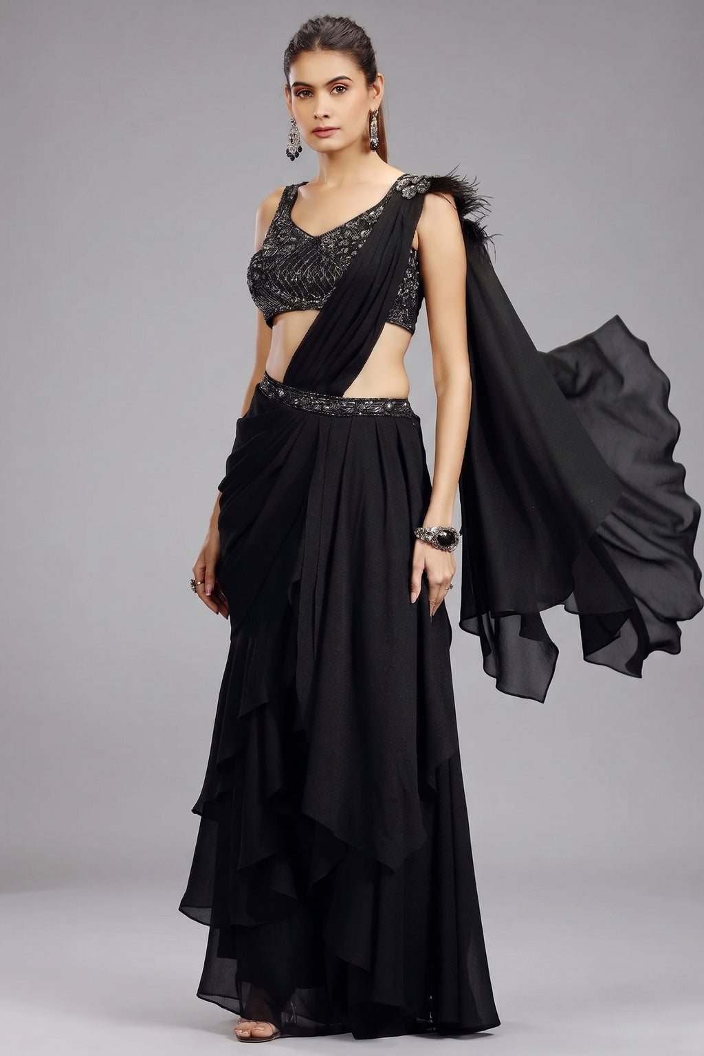 Black Georgette Shimmer Ready to Wear Saree