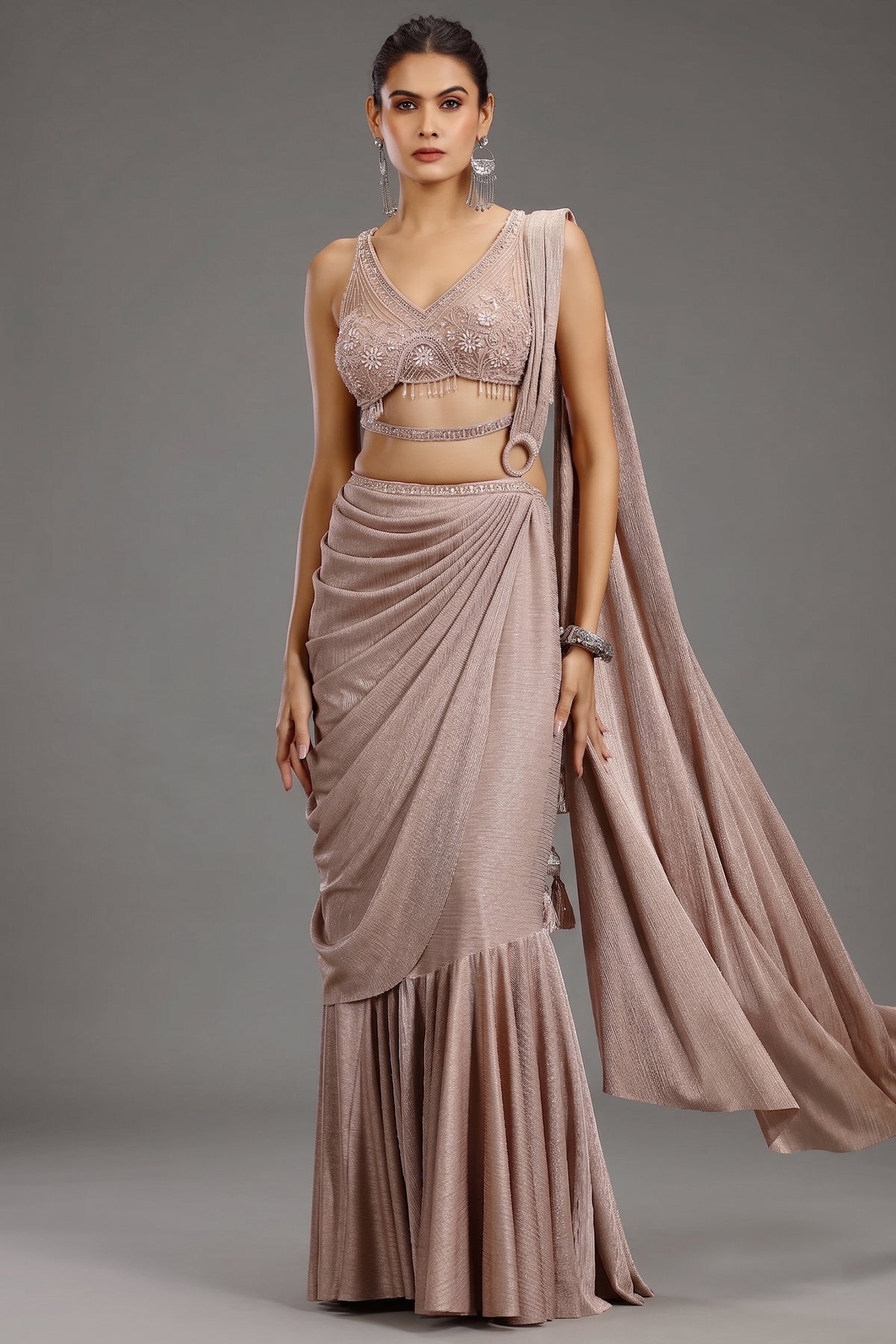 Pale Mauve Imported Pleated Readymade Lehenga Saree