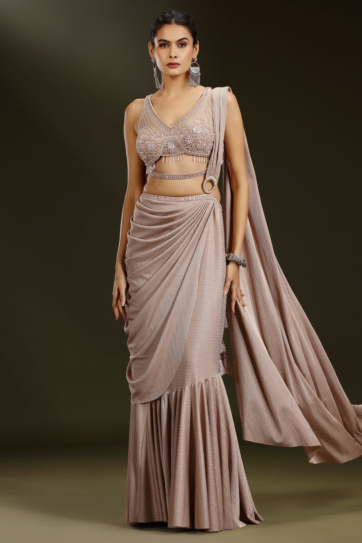 Pale Mauve Imported Pleated Readymade Lehenga Saree