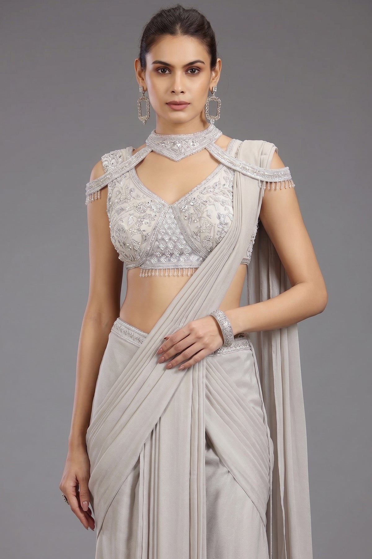 Grey Georgette Shimmer Pleated Saree with Embellished Blouse