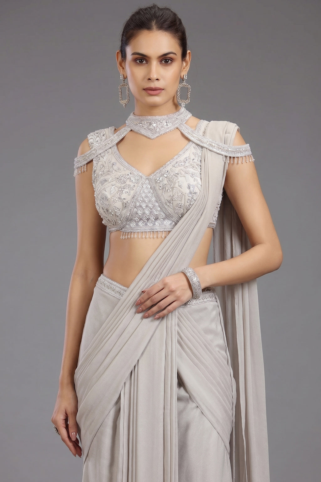 Grey Georgette Shimmer Pleated Saree with Embellished Blouse