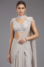 Grey Georgette Shimmer Pleated Saree with Embellished Blouse
