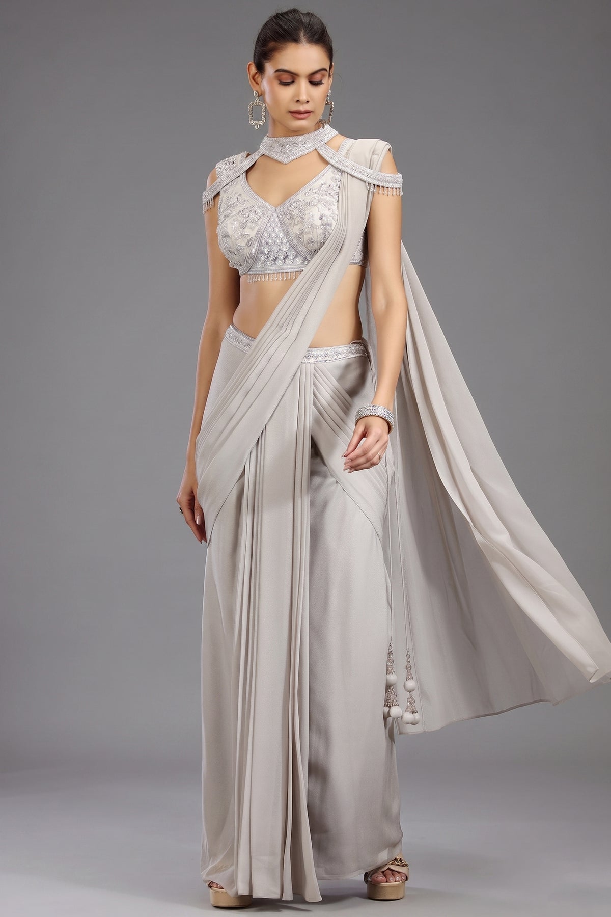 Grey Georgette Shimmer Pleated Saree with Embellished Blouse