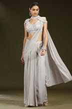Grey Georgette Shimmer Pleated Saree with Embellished Blouse